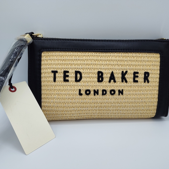 Ted Baker Handbags - Ted Baker Raffia Wristlet Clutch NWT Black Trim Woven Logo Bag Summer Travel